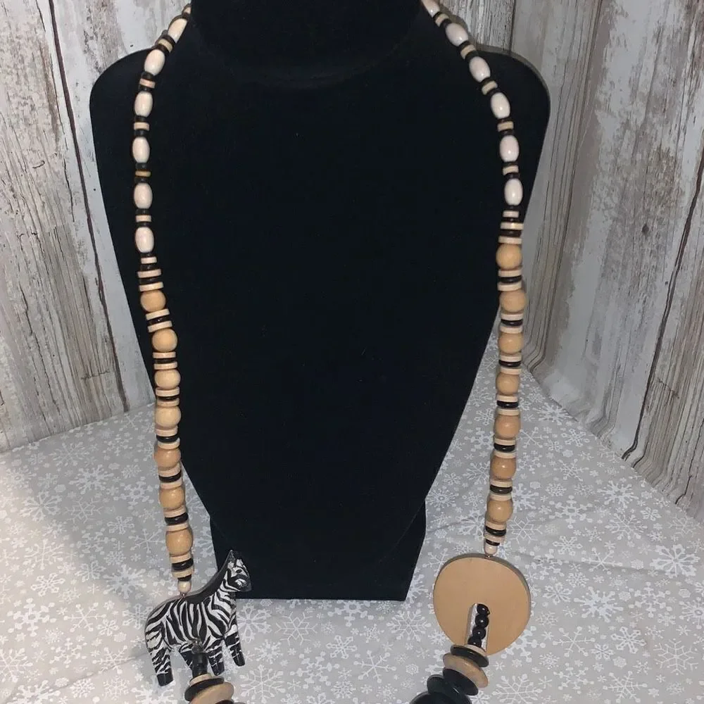 Vintage‎ Wood Hand Carved Zebra Bead Necklace 29”